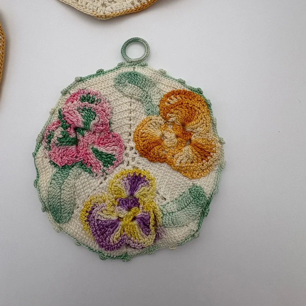 Theee Vintage Handmade Crochet Floral Pot Holders